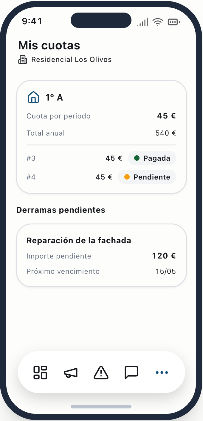Pantalla de cuotas y contabilidad