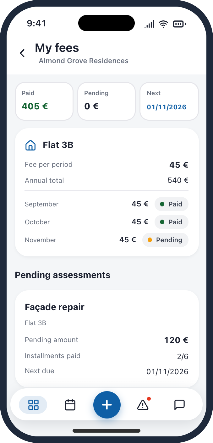 Fees and accounting screen