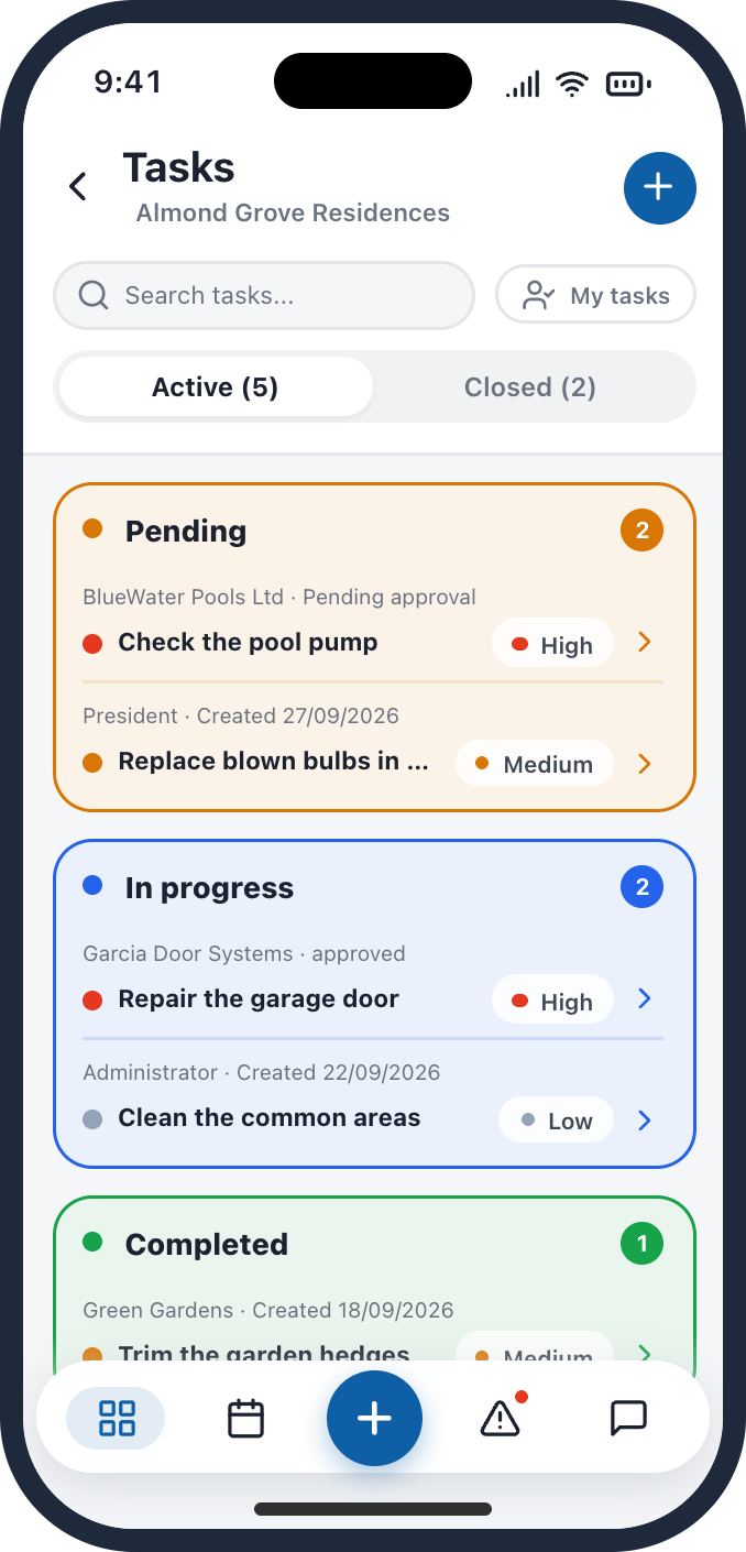 Tasks by status screen
