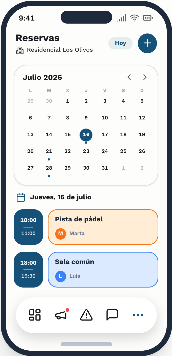 Pantalla de reservas de zonas comunes