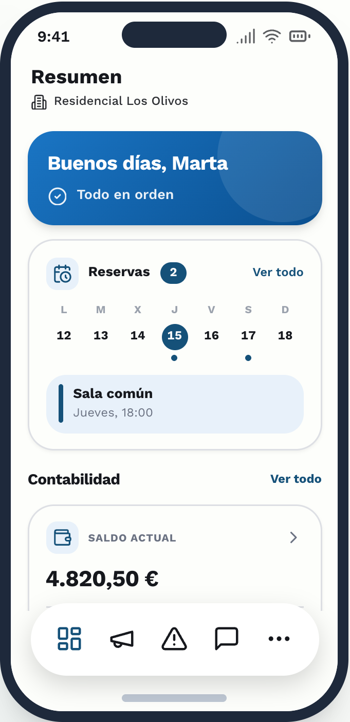 Pantalla de resumen de la app de Vecinly