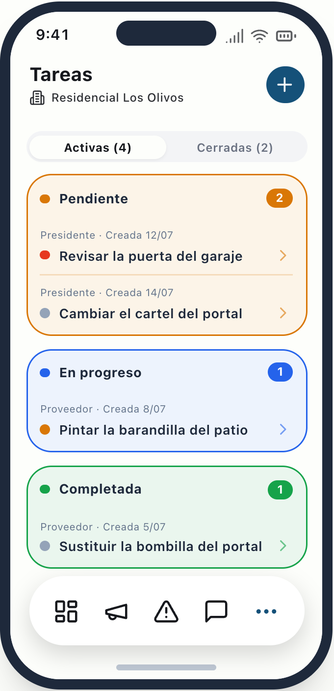 Pantalla de tareas por estado