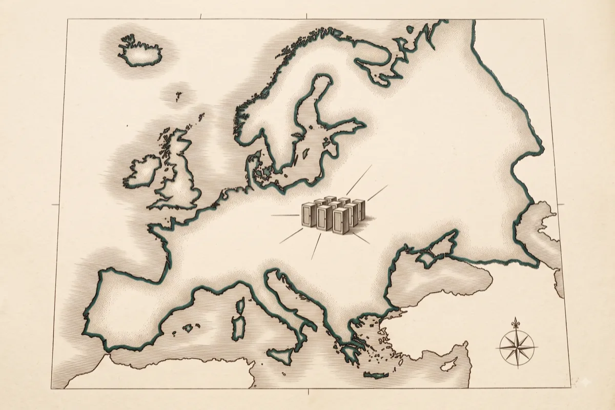 Lámina de un atlas antiguo: la silueta de Europa sin fronteras, con un grupo de armarios de servidores grabado en el centro del continente