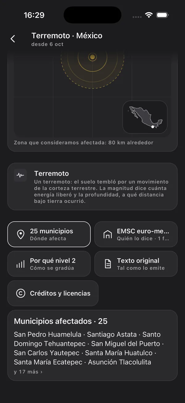 La lista de municipios afectados por el terremoto en modo oscuro, con San Pedro Huamelula, Santiago Astata y Santo Domingo Tehuantepec