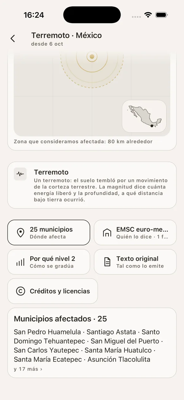 Captura de la app de SonarMap: la parte baja de la ficha del terremoto, con la zona afectada de 80 km, qué es un terremoto y la lista de municipios afectados: San Pedro Huamelula, Santiago Astata, Santo Domingo Tehuantepec y otros