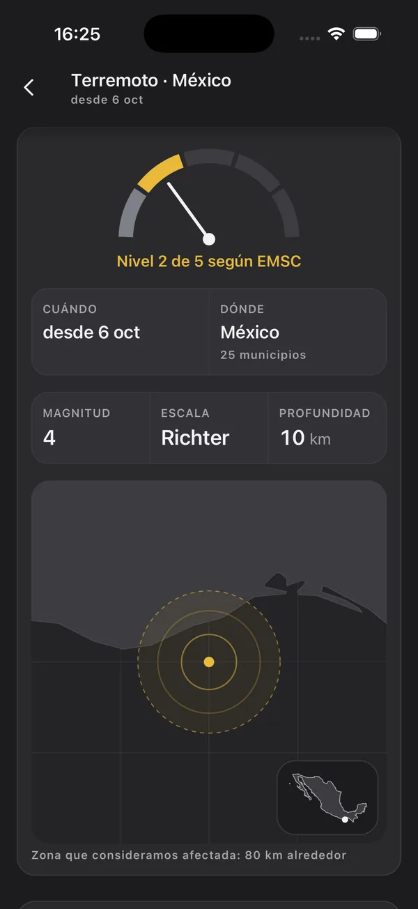 La ficha del terremoto de México en modo oscuro, con el nivel, la magnitud, la profundidad y el mapa del epicentro
