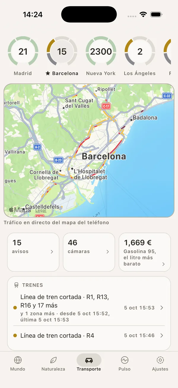 Captura de la app de SonarMap: la zona de Barcelona en Transporte, con el tráfico en directo sobre el mapa, quince avisos, cuarenta y seis cámaras, el precio de la gasolina y la lista de líneas de tren cortadas. Arriba, la fila de zonas guardadas